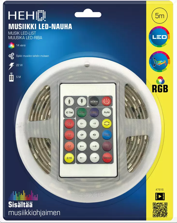 LED-valonauha 5m RGB Musiikki 12V 24W - Valonauhat - 6438152076163 - 1