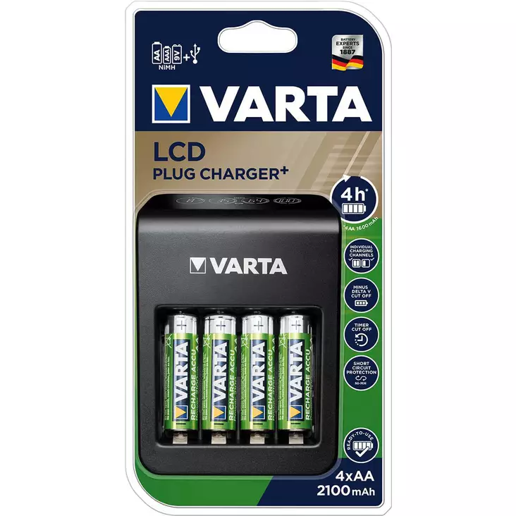 NiMH LCD Plug Charger+ (AA, AAA & 9 volttia) sisältää 4x AA 2100 mAh - Akkuparistolaturit - 4008496988303 - 1