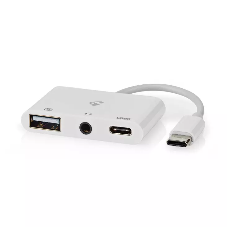 USB N Moniporttisovitin | 3-in-1 | USB 2.0 | USB-C Uros | USB-A Naaras / USB-C Naaras / 3.5 mm naaras | 480 Mbps | 0.10 m | Pyöreä | Niklattu | PVC | Valkoinen | Laatikko - Tietokone ja verkko - 5412810415953 - 1