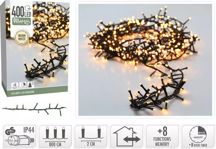 Led jouluvalosarja micro cluster 400 lämmin valkoinen 8m ip44 ajastin ja 8 toimintoa ulko/sisä - Valosarjat - 8720573812313 - 1