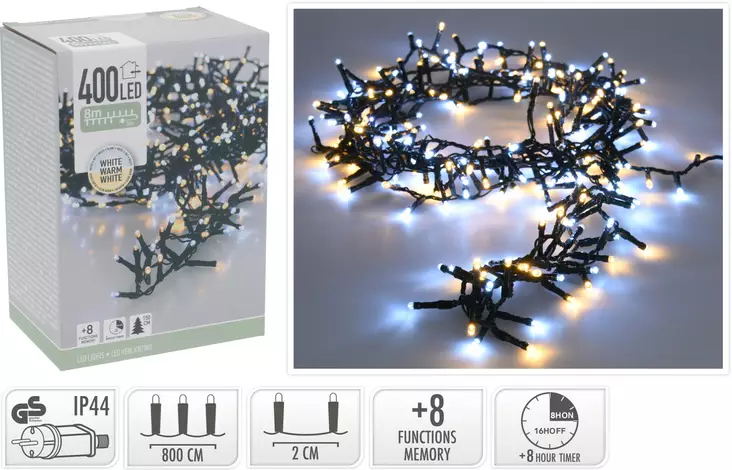 Micro cluster led-valosarja 400 led 8m lämmin ja kylmä valkoinen ajastimella sisä- ja ulkokäyttöön - Valosarjat - 8720573812573 - 1