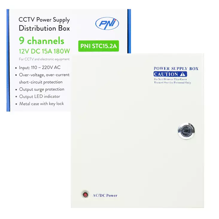 CCTV-virtalähde PNI STC15.2A metallikotelossa, 12V 15A 180W, 9 lähtöä - PNI tuotteet - 5949066536403 - 1