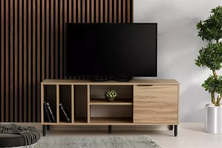 Teollinen TV-taso, 140x55x40 cm, Tammi, 100% Melamiinipinnoitettu, Metallijalat, Useita Hyllyjä, Kestävä ja Tyylikäs - TV-tasot - 8683342427333 - 1
