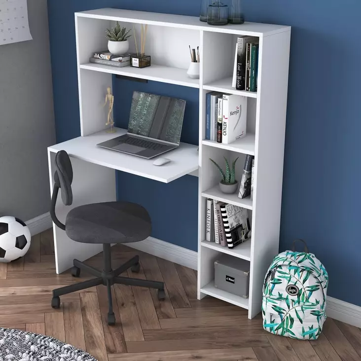Opiskelupöytä, valkoinen, 113,2 cm leveä, kestävä, tilava - Työpöydät - 8683342594073 - 1