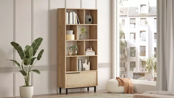 Kirjahylly - Tyylikäs ja Kestävä Säilytysratkaisu, 100% Melamiinipinnoitettu Lastulevy, Pähkinä-Tammi, 83,9x175,6x29,5 cm - Kirjahyllyt - 8684282369103 - 1