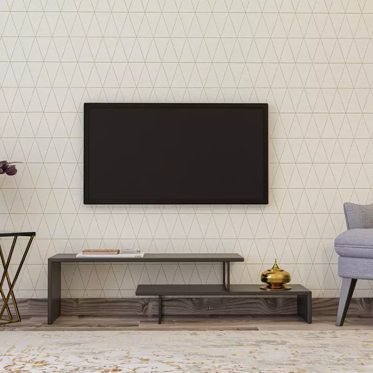 Moderni TV-taso, Musta Antrasiitti, 120x45x30 cm, 100% Melamiinipinnoitettu, Metallijalat, Useita Hyllyjä, Seinään Kiinnitettävä - TV-tasot - 8681875665413 - 1