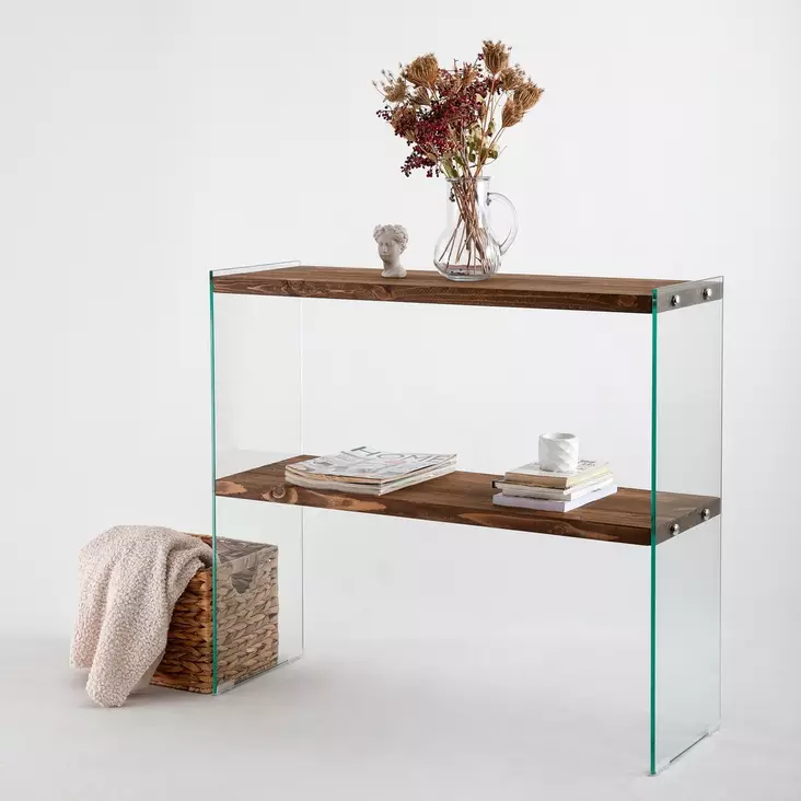 Walnut-värinen Lipasto - 100% Mäntyä, Karkaistu Lasi, 90x80x30 cm, Useita Hyllyjä, Seinään Kiinnitettävä - Lipastot ja senkit - 8683342512343 - 1