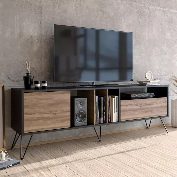 TV-taso, musta pähkinäpuu, 180 cm leveä, kestävä, runsaasti säilytystilaa - TV-tasot - 8681875670493 - 1