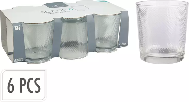 Juomalasisetti 6 kpl 280 ml kirkas kohokuvioitu lasi - Juomalasit - 8721037048293 - 1