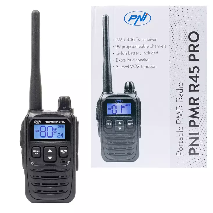Kannettava radioasema PNI PMR R45 PRO 446MHz, 0,5W, 99 ohjelmoitavaa kanavaa, 16 PMR ja 38 CTCSS ja 104 DCS-ääntä, Squelch 5 tasoa, VOX, TOT, BCL, Scan, Roger Beep - PNI tuotteet - 5949066531033 - 1