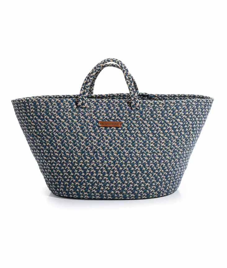 Koristeellinen Laukku - 100% Puuvillaa, Käsintehty, Laadukas, Tummansininen ja Kermanvärinen, Korkeus 30 cm - Säilytyslaatikot ja korit - 8683743770403 - 1