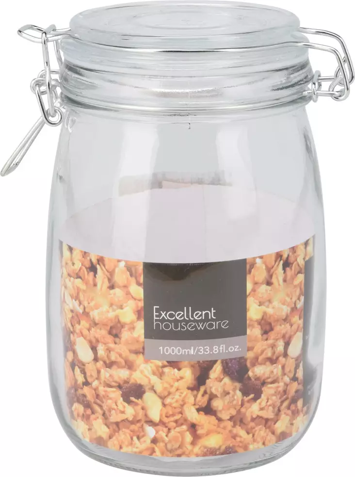 Lasipurkki kannella 1000ml, silikonitiiviste, metalli klipsit - Kotitaloustavarat - 8719987106293 - 1