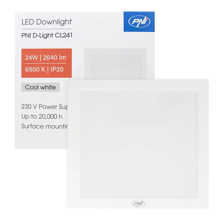 LED-kattovalaisin PNI D-Light CL241 24 W, neliönmuotoinen 28 x 28 cm, 6500 K, virransyöttö 230 V, 2640 lm, valkoinen - PNI tuotteet - 5949066538513 - 1