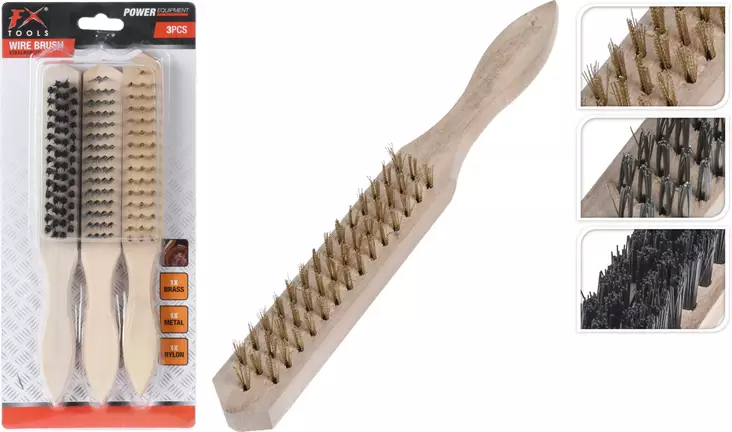 Messinkiharjasetti 3 kpl, puukahva, nylon, metalliharja - Teräsharjat - 8719987116803 - 1