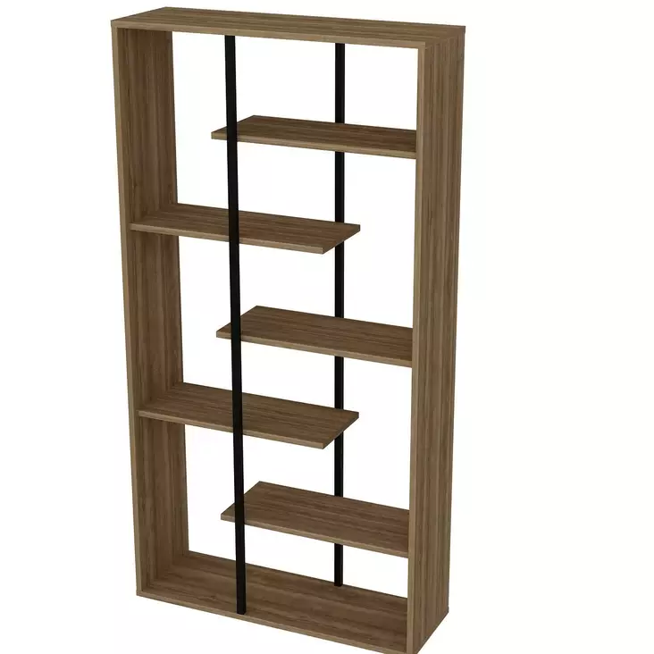 Moderni Kirjahylly, Pähkinä-Musta, 100% Melamiinipinnoitettu, Kulta Metalliosat, 18mm, 90x173,2x29,5cm, Kiinnitettävä Seinä - Kirjahyllyt - 8681875670783 - 1