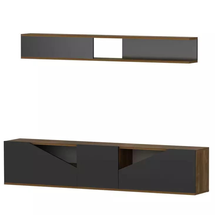 Moderni TV-taso, Pähkinä-Musta, 100% Melamiinipinnoitettu, 180x40x31 cm, Useita Hyllyjä, Seinään Kiinnitettävä - TV-tasot - 8681181979983 - 1