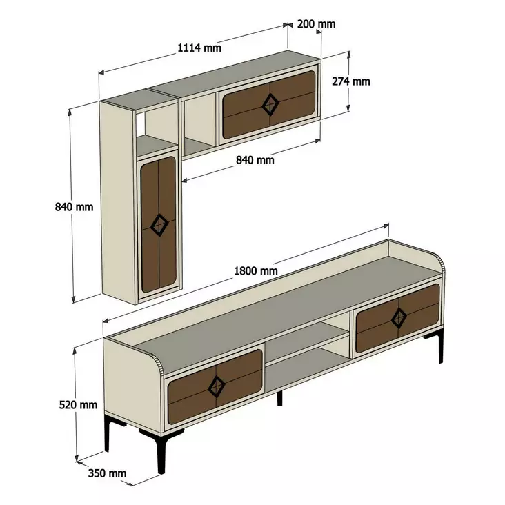 Moderni TV-taso, Pähkinä Sininen, 100% Melamiinipinnoitettu, 180x52x35 cm, Seinähyllyt 27,4x84x20 cm, 3 Pakettia - TV-tasot - 8681875444773 - 1