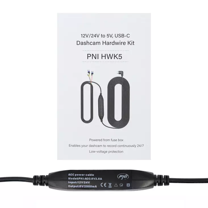 PNI HWK5 suoravirtakaapeli auton DVR-tallentimille, 12V/24V tulo, 5V 2.5A lähtö, alijännitesuoja, pituus 3.5 metriä - PNI tuotteet - 5949066530753 - 1