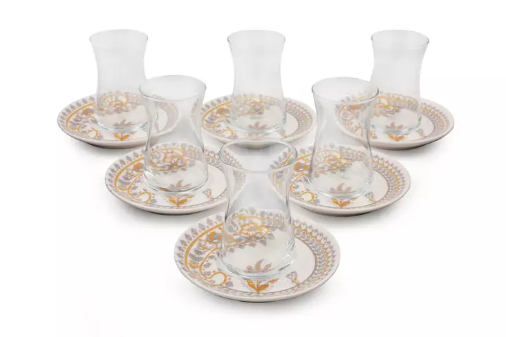 Porcelainen ja Lasi Teekuppisetti 12-osainen - Kermainen Harmaa Oranssi - Astianpesukoneen Kestävä - Ei Mikroaaltouuniin - Kahvi- ja teeastiat - 8683742034773 - 1