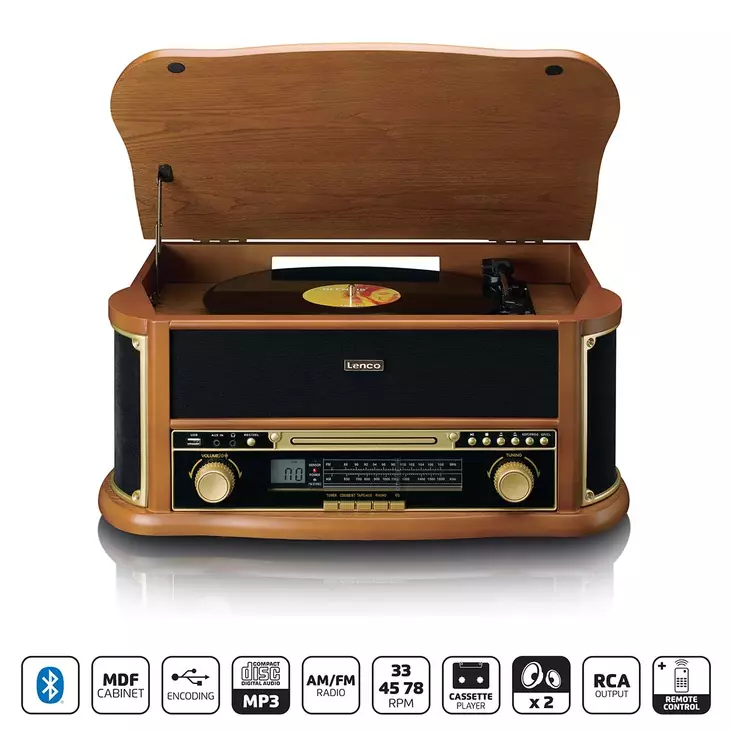 Puinen retro-levysoitin, jossa on Bluetooth® AM/FM-radio USB-koodaus CD-soitin, kasettisoitin ja sisäänrakennetut kaiuttimet. - Levysoittimet ja neulat - 8711902082903 - 1