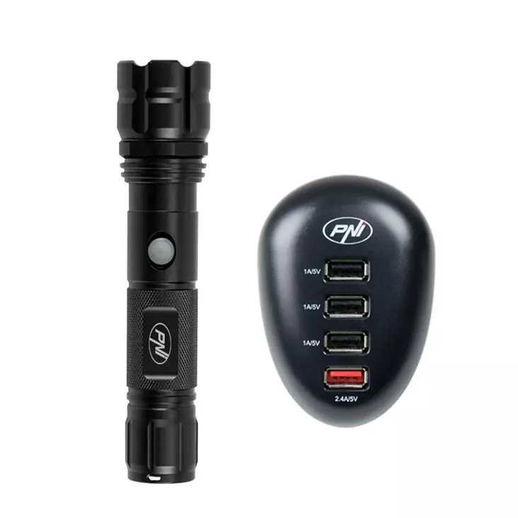 Taskulamppupaketti PNI Adventure F10 6W, 500lm, kantama jopa 200m, tarkennus ja PNI HC41 USB-laturi, 4 USB-porttia - Taskulamput - 5949066514463 - 1