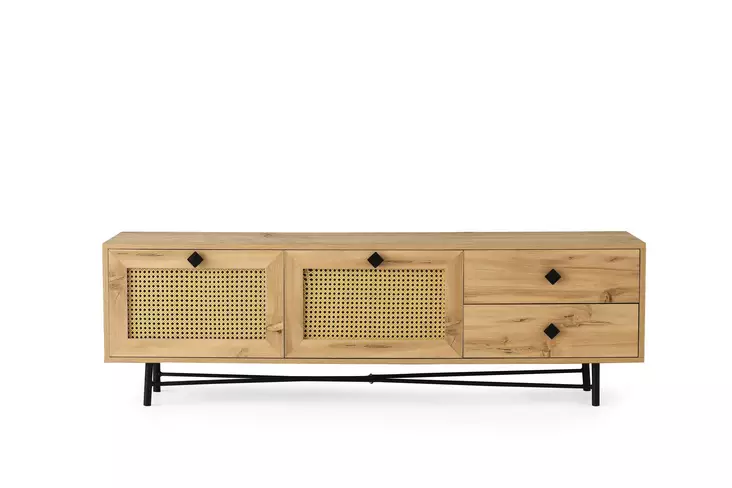 TV-taso, 180x60x40 cm, Tammi-Musta, 100% Melamiinipinnoitettu, 2 Vetolaatikkoa, Useita Hyllyjä, Seinään Kiinnitettävä - TV-tasot - 8682870168633 - 1