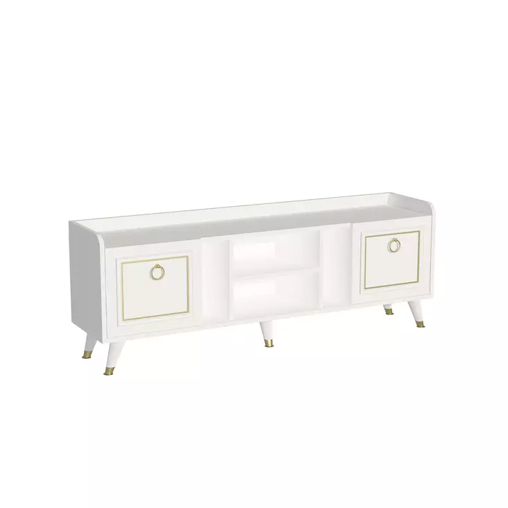TV-taso, Valkoinen Kulta, 100% Melamiinipinnoitettu Lastulevy, 18mm, 150x55x35cm, Rautajalat, Yksi Paketti - TV-tasot - 8683743827503 - 1