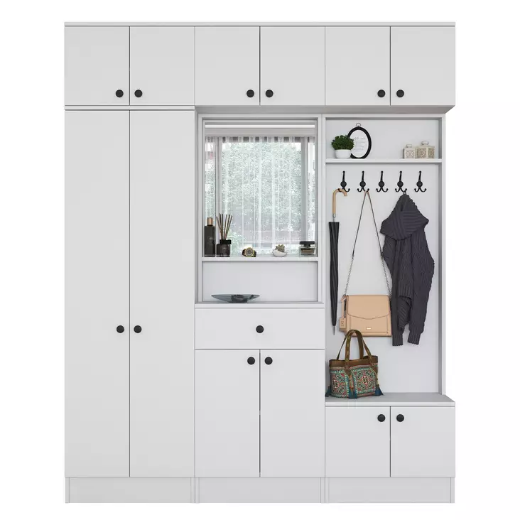 Valkoinen Hall Stand - Tyylikäs ja Toimiva Säilytysratkaisu - 179,6x226,4x37,5 cm - 100% Melamiinipinnoitettu E1 Laatu - Eteiskaapit - 8683743764563 - 1
