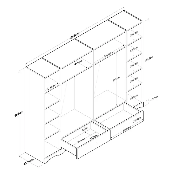 Valkoinen Vaatekaappi 243x181x47,6 cm - 100% Melamiinipinnoitettu E1 Laatu Lastulevy, Useita Hyllyjä, Kiinnitettävä Seinäkiinnitys - Vaatekaapit - 8683743764693 - 1