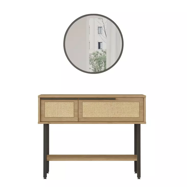 Walnut Oak -sivupöytä, 100% melamiinipinnoitettu, 18mm, 100x76x29,5cm, peili 60x60x1,8cm, metallijalat, 2 pakettia - Sivu- ja apupöydät - 8684282369523 - 1