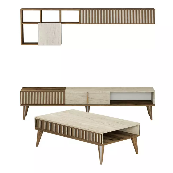 Walnut Travertine Olohuoneen Kalustesetti - 100% Melamiinipinnoitettu Lastulevy - TV-taso, Hylly, Sohvapöytä - Huonekalut - 8684283020843 - 1