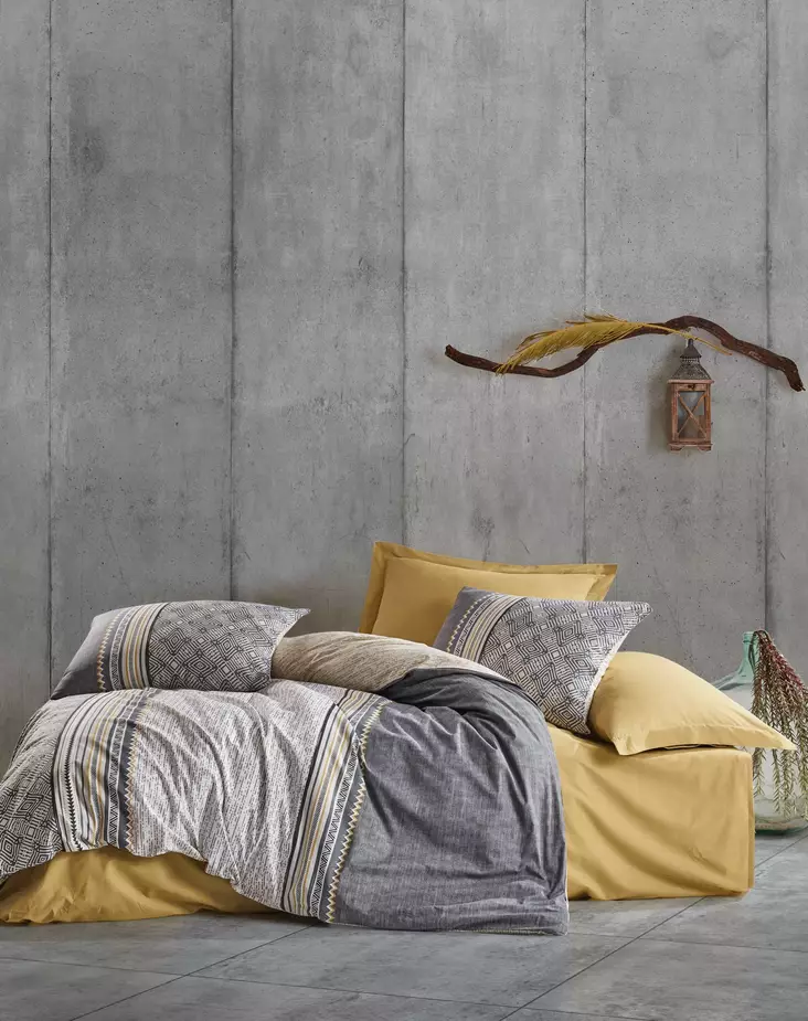 Yhden hengen pussilakanasetti Ranforce, harmaa sinapinkeltainen valkoinen, 160 x 220 cm, pehmeä, helppohoitoinen - Lakanat ja tyynyliinat - 8682870695863 - 1