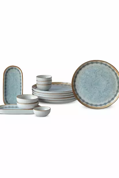 14-osainen Aamiaissetti - 100% Posliini - Valkoinen/Sininen/Kameli - Astianpesukone- ja Mikroaaltouuninkestävä - Tarjoiluastiat - 8684283036974 - 1