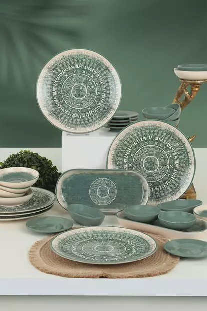 28-osainen Keraaminen Aamiaissetti - Vihreä/Beige/Valkoinen - Antibakteerinen, Mikroaaltouuni- ja Astianpesukoneenkestävä - Tarjoiluastiat - 8683743764204 - 2