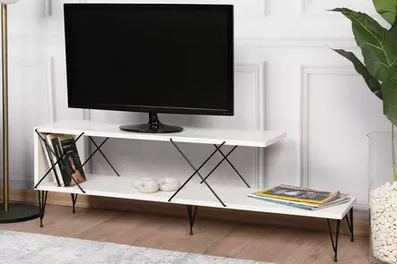 TV-taso, valkoinen, 100% melamiinipinnoitettu lastulevy, 18 mm, rautajalat, 120x40x30 cm, useita hyllyjä - TV-tasot - 8683342427494 - 2