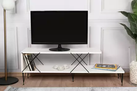 TV-taso, valkoinen, 100% melamiinipinnoitettu lastulevy, 18 mm, rautajalat, 120x40x30 cm, useita hyllyjä - TV-tasot - 8683342427494 - 1