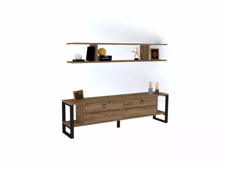 Teollinen Rustiikkinen TV-taso, Pähkinä, 100% Melamiinipinnoitettu, 18mm, Metallijalat, 160x45x30cm, Seinäkiinnitys - TV-tasot - 8682870049864 - 2
