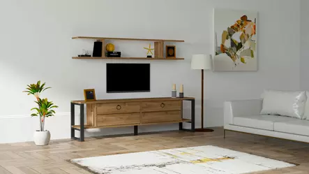Teollinen Rustiikkinen TV-taso, Pähkinä, 100% Melamiinipinnoitettu, 18mm, Metallijalat, 160x45x30cm, Seinäkiinnitys - TV-tasot - 8682870049864 - 1