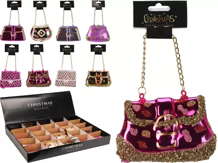 Muodikas käsilaukkukoriste joulukuuseen – tyylikäs lasinen ripustuskoriste kultaisella ketjulla 100 - Joulukoristeet ja -tekstiilit - 8721037253154 - 1