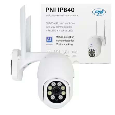 Langaton videovalvontakamera PNI IP840 WiFi, PTZ, 8MP 4K, micro SD -paikka, itsenäinen, AI-toiminnot, ONVIF, ICSee-sovellus - PNI tuotteet - 5949066534164 - 1
