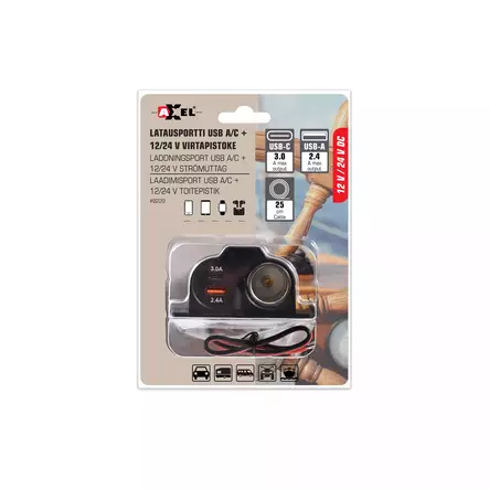 Axxel USB-latausportti ja virtapistoke 12/24V pinta-asennus - Muut autosähkötarvikkeet - 6438152082294 - 2