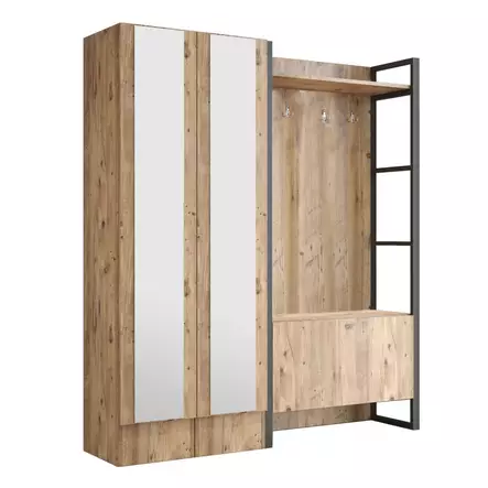 Moderni ja Teollinen Hall Standi - Atlantic Pine - 100% Melamiinipinnoitettu - 18mm - Metallirunko - 90x180x34 cm - Eteiskaapit - 8683342404334 - 1