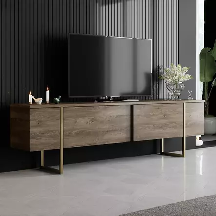 TV-taso, saksanpähkinänruskea kulta, 180 cm leveä, kestävä, tyylikäs - TV-tasot - 8683743790944 - 2