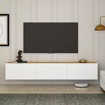 TV-taso, Valkoinen Atlantinmänty, 150x30x32 cm, 100% Melamiinipinnoitettu Lastulevy, Moderni ja Tyylikäs Säilytysratkaisu - TV-tasot - 8684282905424 - 2