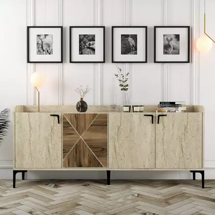 Walnut Travertine Konsoli - 180x78x35 cm - 100% Melamiinipinnoitettu - Useita Hyllyjä - Kiinnitettävissä Seinäkiinnitys - Kaapit ja lipastot - 8684283020874 - 2