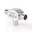 Satelliitti- ja antenni-sovitin | IEC (Coax) Uros | 2x koaksiaali naaras | Niklattu | 75 Ohm | T-jakaja | Metalli | Hopea | 1 kpl | Laatikko - Antenniliittimet ja adapterit - 5412810289554 - 42