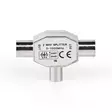 Satelliitti- ja antenni-sovitin | IEC (Coax) Uros | 2x koaksiaali naaras | Niklattu | 75 Ohm | T-jakaja | Metalli | Hopea | 1 kpl | Laatikko - Antenniliittimet ja adapterit - 5412810289554 - 11