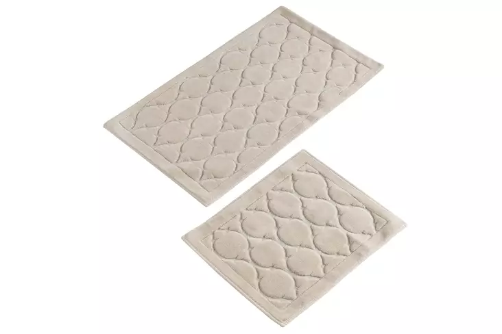 100% Puuvillainen Beige Kylpyhuonemattosetti (2 kpl) - Antibakteerinen, Liukumaton, Konepestävä, 50x60 cm & 60x100 cm - Kylpyhuonematot ja kosteantilan matot - 8681875010404 - 1