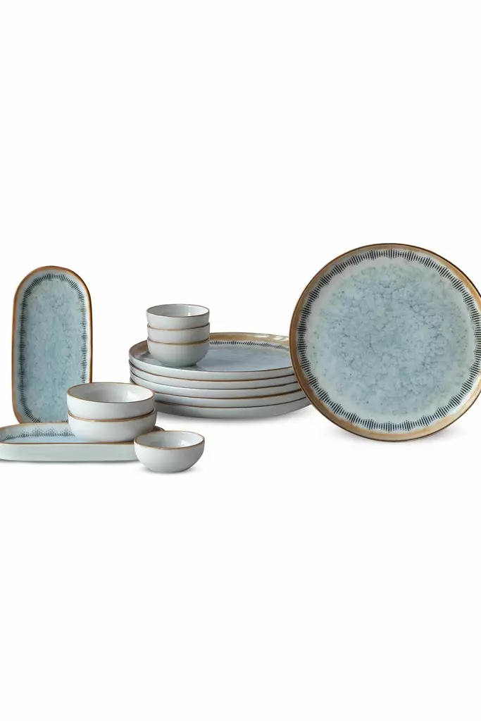 14-osainen Aamiaissetti - 100% Posliini - Valkoinen/Sininen/Kameli - Astianpesukone- ja Mikroaaltouuninkestävä - Tarjoiluastiat - 8684283036974 - 1