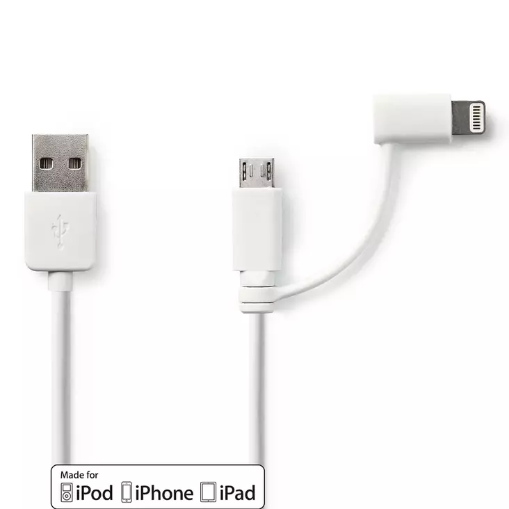 2 in 1 kaapeli | USB 2.0 | USB-A Uros | Apple Lightning 8-Pin / USB Micro-B Uros | 480 Mbps | 1.00 m | Niklattu | Pyöreä | PVC | Valkoinen | Muovipussi - Lightning-kaapelit - 5412810280094 - 1